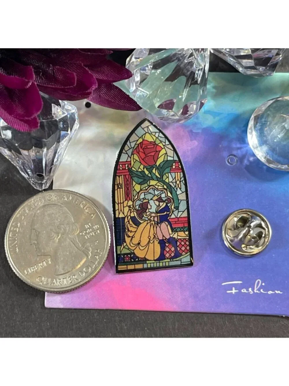 Beauty Beast Lapel Pin Stained Glass Window Rose Belle Princess Badge Brooch Pin